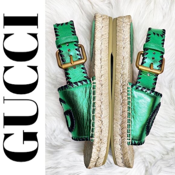 NWT GUCCI Nappa Silk Leather GG Logo Metallic Green Platform Espadrilles, 35 - Picture 5 of 14